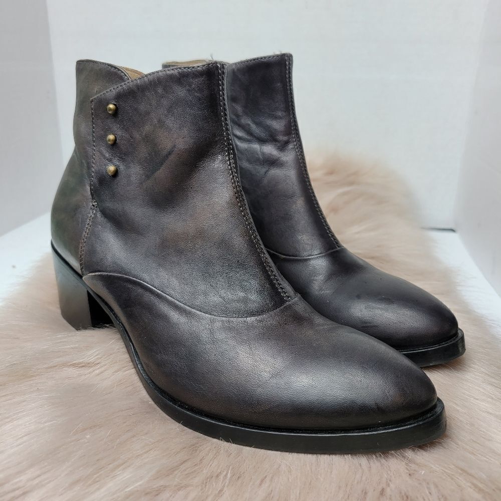 Italeau Handmade Brown Leather Pointed Toe Zipper Ankle Bootie Shoes Size 6.5